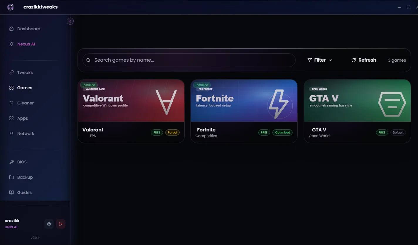 Game profiles for Valorant, Fortnite, and GTA V